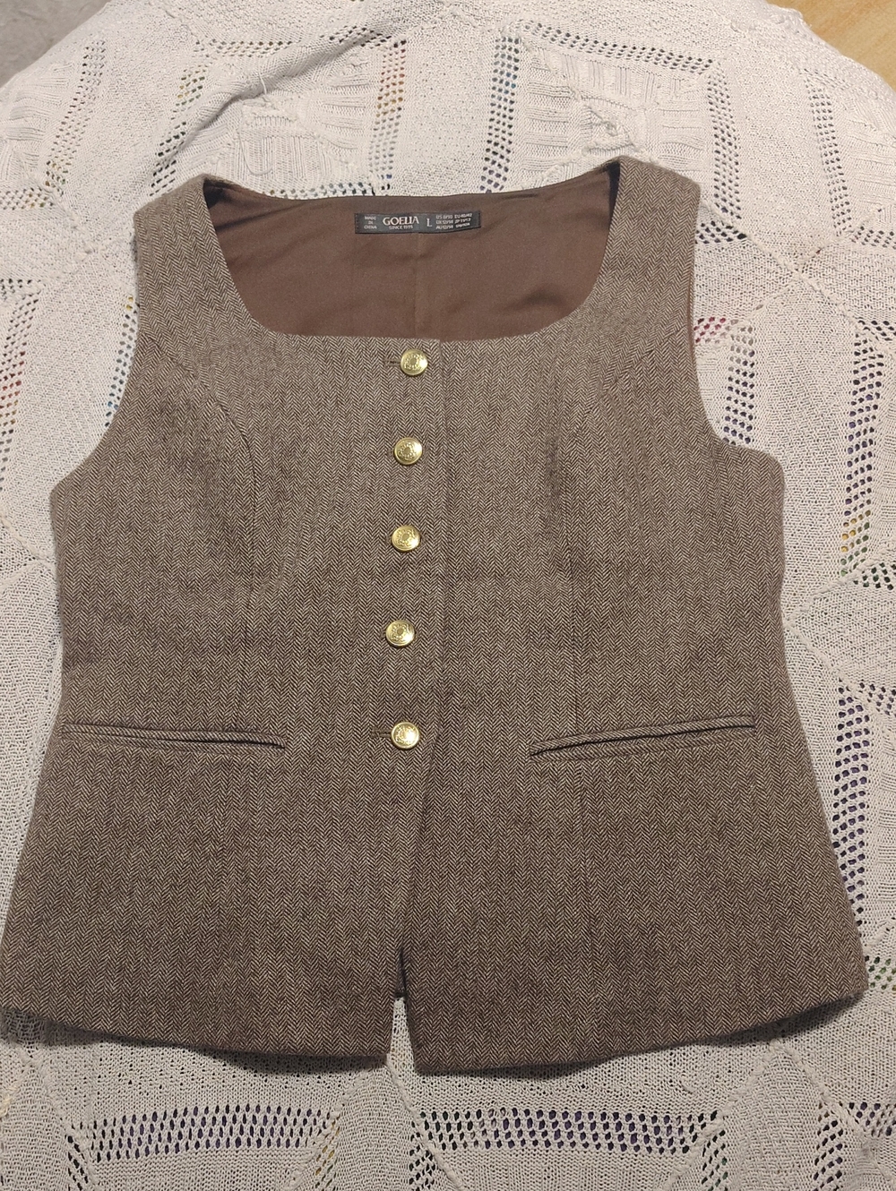 Gorella Brown Herringbone Wool-Blend Button Vest